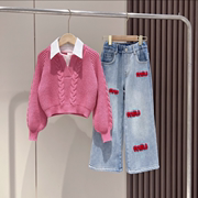 韩版女童假两件衬衫毛衣春季甜酷毛巾绣加绒牛仔阔腿裤两件套