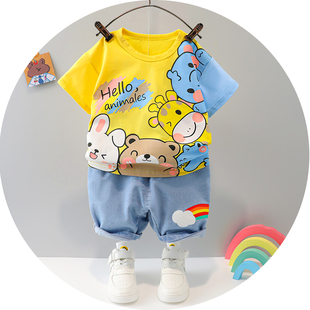 男童装1-2-3岁半卡通短袖，套装6-8-9个月宝宝纯棉，衣服婴儿洋气夏装