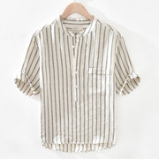 日系棉麻短袖t恤男装夏季青年，薄款立领半袖，上衣竖条纹五分袖t恤