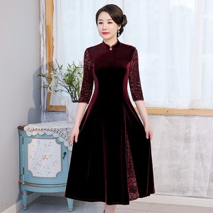 旗袍改良复古中国风大码女装，2024年春季妈妈装丝绒连衣裙高档