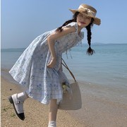 海边度假风小个子中长款可爱小飞袖碎花无袖背心连衣裙子女夏季天