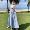 蓝白格子旅游海边度假长裙法式绑带吊带背心半身裙两件套装沙滩裙