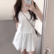韩国chic夏季温柔气质v领交叉绑带，吊带背心+高腰褶皱半身裙两件套