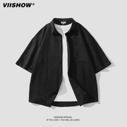 viishow日系复古麂皮绒短袖，衬衫男士夏季日系宽松学生衬衣cd01232