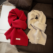 酒红色围巾新年红色澳洲100%绵羊毛围巾纯色针织围巾女护颈围脖