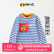 clan-c韩版潮牌男童海军风横条，圆领长袖全棉，舒适条纹卡通t恤上衣