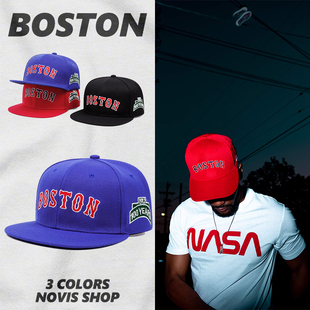 美式潮牌嘻哈帽平沿棒球帽，说唱帽子刺绣遮阳帽，boston可调节男女帽