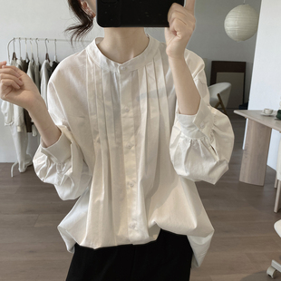 棉质衬衫女式春秋季宽松显瘦褶皱简约长袖，小清新韩版减龄上衣