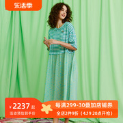 亚麻混纺阁兰秀夏季五分袖绿色格子撞色连衣裙宽松减龄裙子