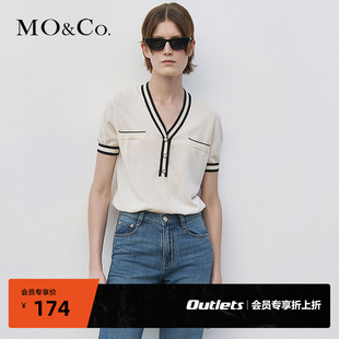 MOCO奥莱黑白撞色V领薄款设计感修身短袖针织衫摩安珂