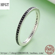 HFGT简约时尚气质女镶黑色锆石S925纯银女戒指指环时尚个性