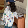 女童长袖衬衫春装，2024洋气大童涂鸦中长款上衣儿童衬衣娃娃衫