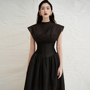 越南小众设计师质感褶皱高腰显瘦黑色透视连衣裙长裙礼服9909