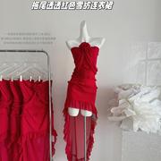 titi小姐姐澳洲野玫瑰重工拖尾透透修身性感红色雪纺连衣裙