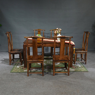 越南大叶黄花梨长方餐桌中式实木虎斑木官帽椅餐台椅组合清香木