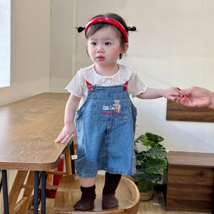 女童牛仔背带裙0-5岁夏季女宝宝可爱小熊，连衣裙婴儿刺绣卡通裙子