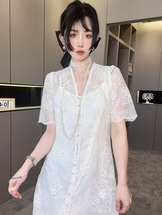 RR fashion 蕾丝连衣裙女2024夏季法式气质V领短袖钩花长裙