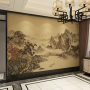 明清古典中式墙布电视背景墙客厅，沙发影视墙纸，山水手绘壁画水墨