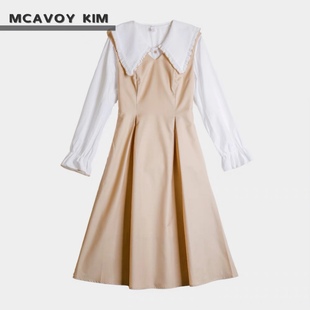 MCAVOY KIM  气质衬衫娃娃领收腰拼接两件套连衣裙