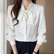 大蝴蝶结白色衬衫女设计感小众春秋飘带，职业垂感雪纺上衣长袖
