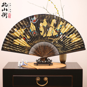 9寸折扇男式全棕黑纸扇中国风手绘竹扇杭州桑皮纸扇子
