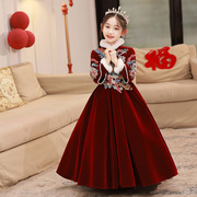 女童参加婚礼礼服秋季红色，公主裙冬季高端拜年花童婚礼女孩演出服
