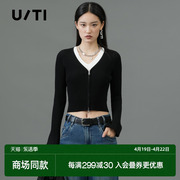 uti尤缇2024春季黑色休闲上衣 设计感假两件短款针织衫女