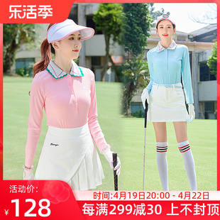 高尔夫球服装女款长袖T恤速干polo衫竖条纹翻领针织运动显瘦上衣