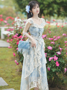 # 天蓝色仙气蕾丝刺绣拼接印花套装连衣裙 +0