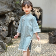 夏季女童旗袍中国风蕾丝花边中长款连衣裙改良洋气古风旗袍裙