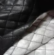 黑色水洗皮pu皮革夹棉铺棉绗缝格子棉衣裤，里衬里制衣服装面料布料