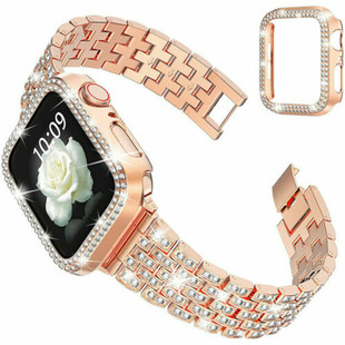 适用appleiwatch1234567手表，表带苹果镶钻小香风腕带，ins风金色银色女替换带414544mm金属表链配件