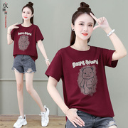 酒红色T恤女夏季小熊短袖体恤衫2024年韩版潮牌运动半袖上衣
