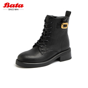 bata马丁靴女冬季商场羊皮英伦风通勤粗跟短筒靴08272dd3