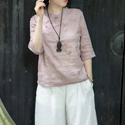 念江南新中式改良立领斜襟苎麻刺绣衬衫小众设计感女中袖气质上衣
