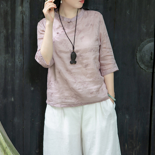 念江南新中式改良立领，斜襟苎麻刺绣衬衫小众设计感女中袖气质上衣