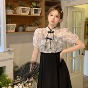 夏季大码新中式国风黑色吊带长裙短袖雪纺外套两件套女连衣裙