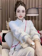 名媛新中式国风加绒蕾丝衬衫女秋冬季设计感精致盘扣修身气质上衣