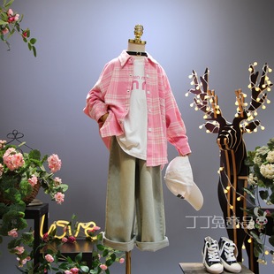 欧美女童装春秋季时尚复古格子衬衫套装韩版中大童休闲百搭两件套