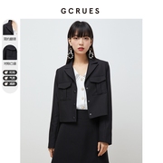 gcrues黑色短款小西装，女韩版小个子2024年早春气质，小香风外套