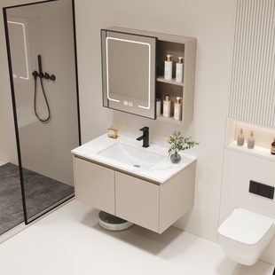 奶油风浴室柜组合陶瓷一体盆，现代简约岩板卫浴，洗手脸漱台上盆镜柜
