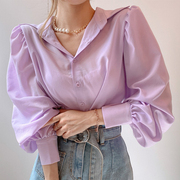 韩国chic春季复古洋气香芋紫翻领，单排扣宽松纯色，灯笼袖衬衫上衣女