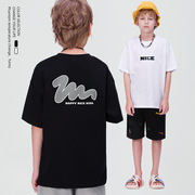童装线形抽象图案T恤街头潮牌宽松短袖中大童男童上衣打底衫