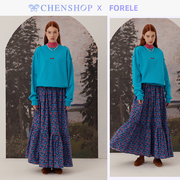 FORELE蓝色肩章卫衣玫粉色打底衫紫色大摆半裙CHENSHOP设计师品牌