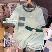 小清新学生浅绿色圆领上衣+休闲宽松短裤女装夏季大码运动套装300
