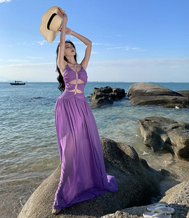 法式复古设计感褶皱吊带雪纺紫色吊带大摆长裙超仙海边旅拍连衣裙