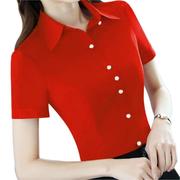 韩版2024夏季职业红色衬衫女短袖，修身百搭洋气，收腰半袖白衬衣(白衬衣)