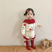 网红宝宝毛衣套装秋装，婴儿针织毛线刺绣，荷叶领上衣+花边裤子