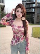 韩版时尚洋气玫瑰花朵方领长袖不规则t恤女春季高级显瘦上衣