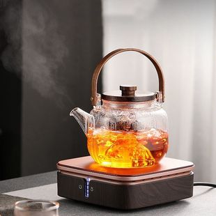 高硼硅玻璃提梁花草茶壶竖纹可电陶炉加热煮茶壶，透明玻璃蒸茶壶